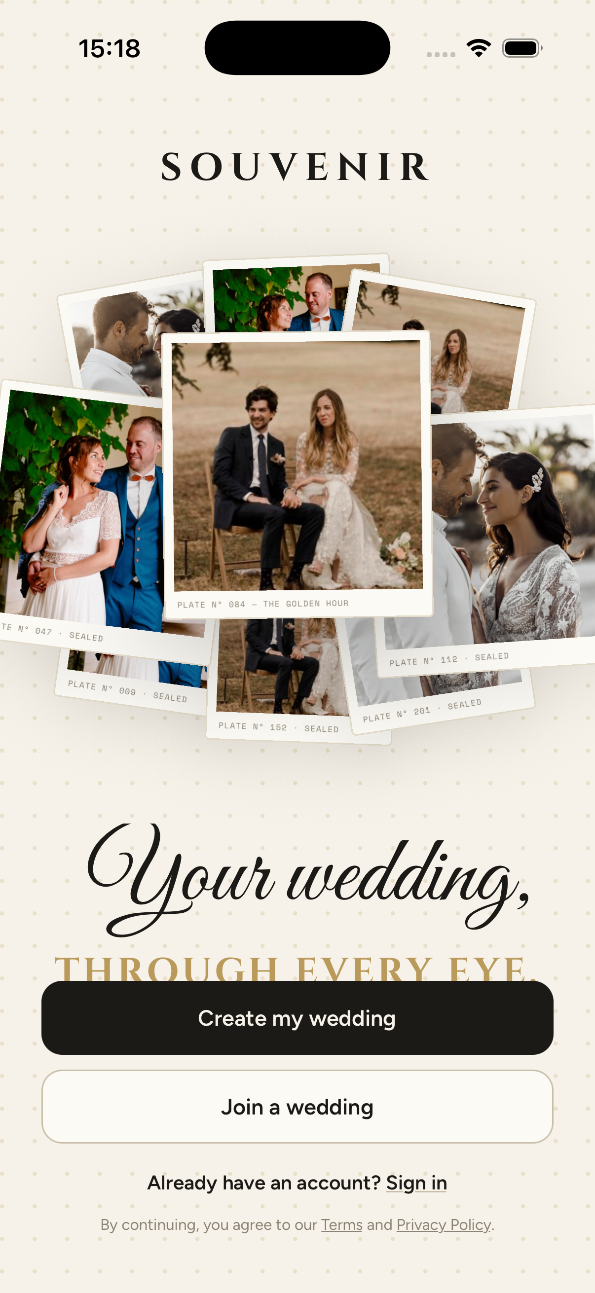 The Souvenir app home screen